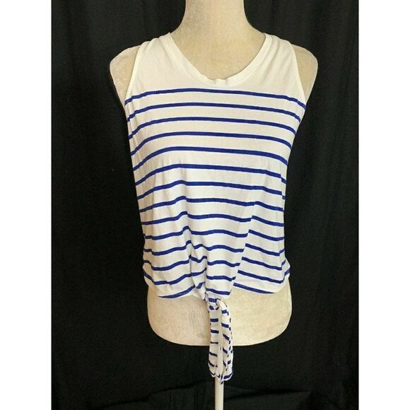 Zara Womens Blue White Striped Crew Neck Tank Top Cotton Large - Picture 1 of 7